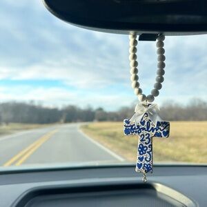 Blue and White Floral Cross Rearview Charm